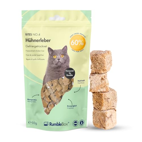 RumbleBox 100 % Hühnerleber Gefriergetrocknet – Monoprotein Katzensnack ohne Getreide & Zucker, Appetitanreger für Allergiker & wählerische Katzen...