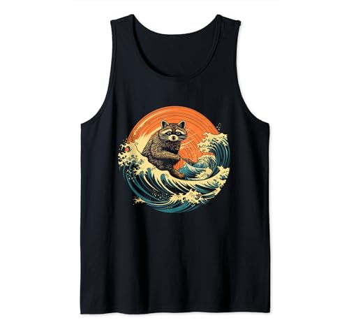 Mapache japonés Wave Surfer Vintage Funny Raccoon Lover Camiseta sin Mangas