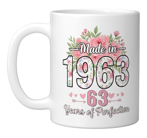 Taza cerámica blanca 11 onzas Floral 63 años miniatura 1