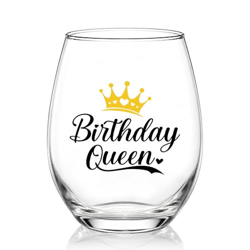 PUVOXHO Birthday Queen Stemless Wine Glass, Funny Birthday Gifts for Women, Crown Design Clear Glass Cup, 15oz Party Glassware for Mom Wife Girlfriend Sister, Birthday Celebration Drinkware Gifts