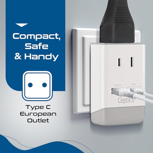 Image of Ceptics 2 Pack European Travel Plug Adapter, US to Europe Plug Adapter, 18W PD-QC 3.0, Dual USB & USB-C - 2 USA Socket - Compact - Use in Greece Italy Turkey Portugal - Type C Fast Charging (2-Pack)