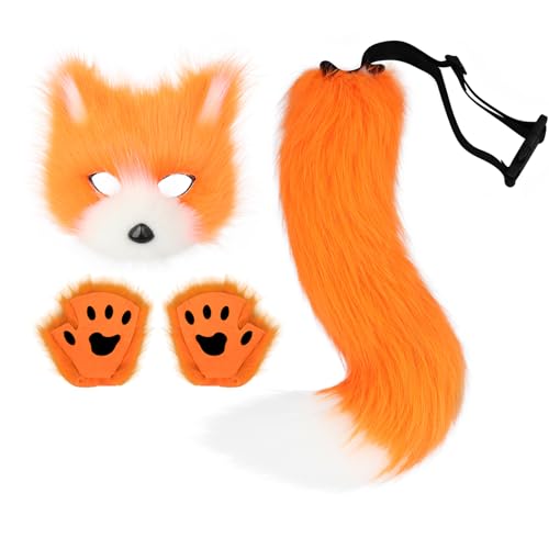 Adolala Faux Fur Fox Tail Cat Wolf Set Plush Mask Fluffy Paw Gloves Halloween Christmas Party for Women