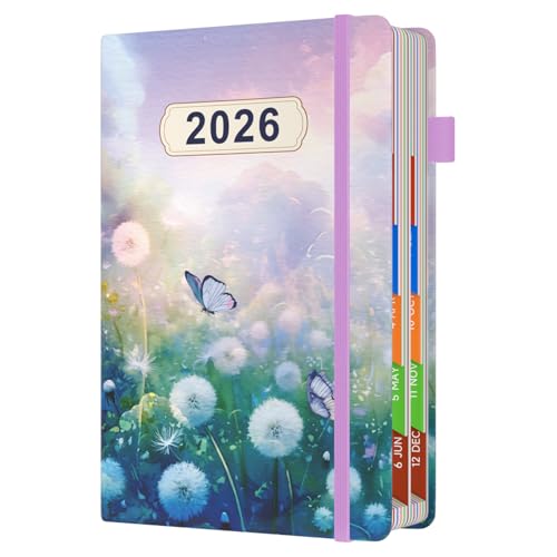 Agenda 2026, tamaño A5, página al día, de enero a diciembre, agenda de citas de año completo, planificador diario, vista general mensual con pestañas coloridas y bolsillo interior fino