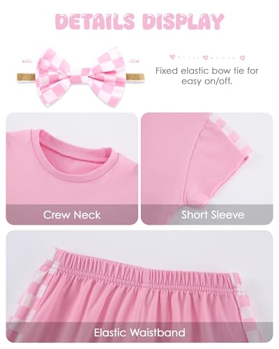 Image of SANMIO Toddler Girl Clothes Summer 3 Piece Outfits Cute | Short Sleeves Checkered Tops Shorts and Headband Girls Clothing Set