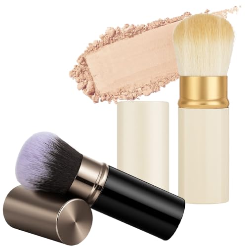 AOOTE Pinceau Kabuki rétractable,2pcs Pinceaux de Maquillage de voyage Portables avec Capuchon,Pinceaus Blush Rétractable,Pinceaus poudre de voyage pour blush, poudre bronzante(2*Petit)
