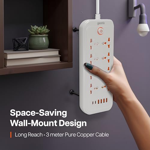 Image of Geonix PowerSpan U8 | Power Strip | Power Extension with 8 Universal Sockets, 2500W Max, 4 USB Ports, 2 C-Type Port, 10 Amps, 3 Mtr Copper Cable, Overload Surge Protection, 250 Volts (White)
