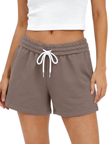 AUTOMET Women‘s High Waist Sweat Shorts with Drawstring & Pockets, Comfy Running Yoga Shorts for Summer Casual Coffee S