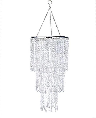 FlavorThings Modern Chrome Beaded Hanging Chandelier (W10.25 x H20”)，3 Tiers Beads Pendant Shade, Ceiling Chandelier Lampshade with Acrylic Jewel Droplets, Beaded Lampshade (Crystal Iridescent)
