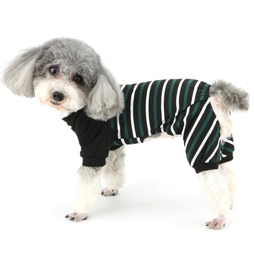 ZUNEA 犬服 つなぎ ロンパース 春 夏 おしゃれ ストライプ柄 部屋着 寝間着 小型犬 パジャマ カバーオール 男の子 ドッグウェア 洋服 柔らかい 通気性 ひんやり 夏服 チワワ トイプードル 子犬 猫犬服 お散歩 お出かけ グリーン L