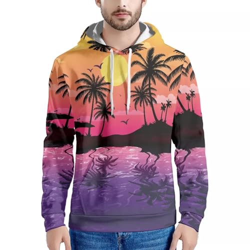 Image of Forchrinse Green Palm Tree Sea Beach Mens Hoodies Pullover Long Sleeve Fleece Hoodie Cozy Sport Casual Outwear