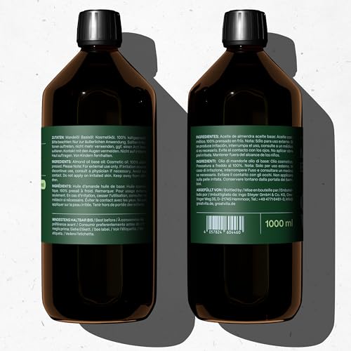 Foto von GreatVita VitaFeel Mandel Basisöl, 1er Pack (1 x 1000 ml) vegan, gentechnikfrei, ideal zur Haut- und Haarpflege, für Aromatherapie & als Basisöl für Massageöle oder Naturkosmetik