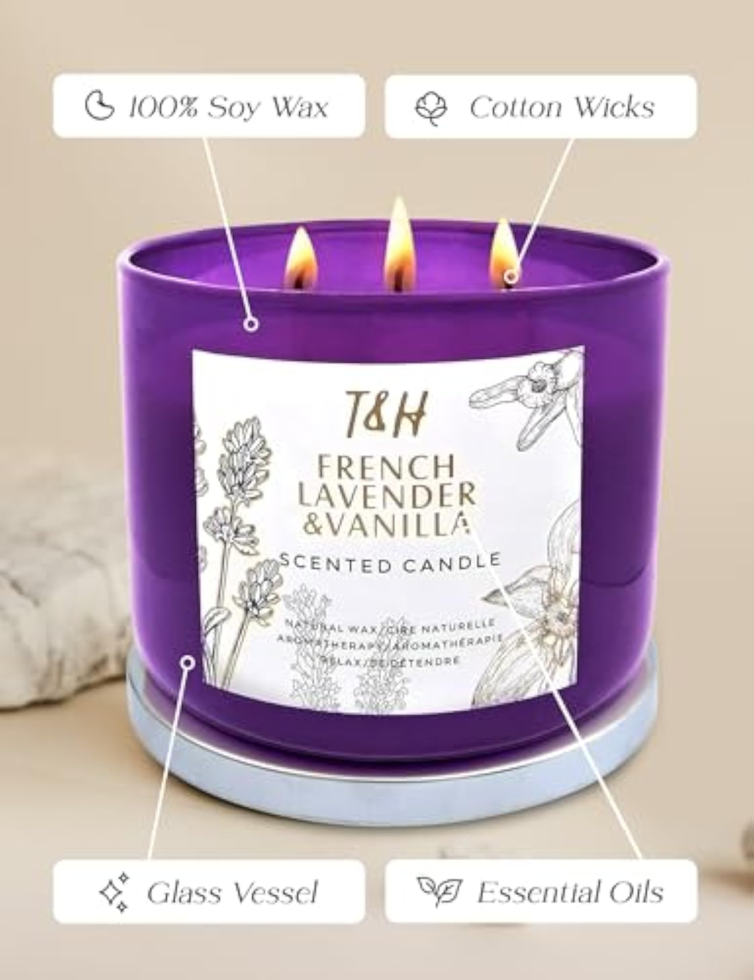 French Lavender & Vanilla Aromatherapy Candle, 3-Wick