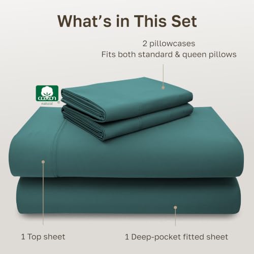 Image of California Design Den 100% Cotton Sheets Full Size Set - Luxury 600 Thread Count Sateen Sheet Sets Full Size Bed with Deep Pockets - Teal Bed Sheets