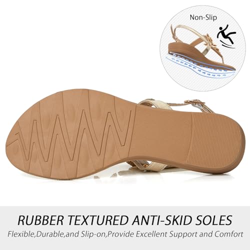 Image of iCKER Women Rhinestone Sandals T-Strap Buckle Bohemian Pearl Crystal Flat Sandals