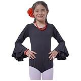 Carnavalife Body flamenco niña negro maillot danza manga larga con volante, leotardo ballet gimnasia, escote redondo, ribete rojo opcional (Negro+Volante Negro, 12 años)
