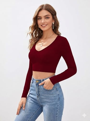Image of LONDON BELLY Women's Polyester Crop Top with V Neck Full Sleeves Solid Pattern Regular Fit and Crop Length | Crop Tops for Woman | Women Chic Everyday Wear Top
