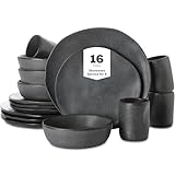 Stone by Mercer Project HEKONDA Modern Debossed Stoneware 16-Piece Dinnerware Set,Plate and Bowl Set, Dish Set for 4, Gray