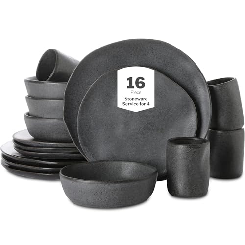 Stone by Mercer Project HEKONDA Modern Debossed Stoneware 16-Piece Dinnerware Set,Plate and Bowl Set, Dish Set for 4, Gray