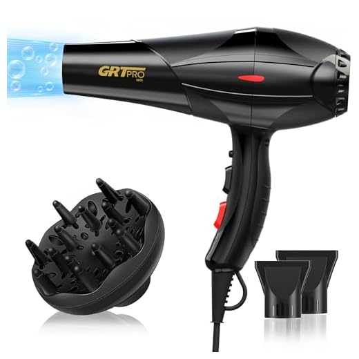 GRT PRO Secador de Pelo Profesional Iónico 2400W AC-Motor, Secador con Difusor y Boquilla Concentradora, 2 Velocidades 3 Temperaturas Protección Contra Sobrecalentamiento (2.0 negro)
