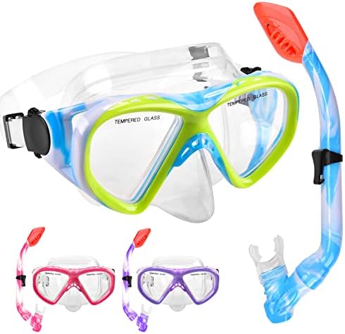 Kids Snorkel Set Dry Top Snorkeling Gear for Kids Youth Boys Girls Junior Age 5-15,Tempered Glass Swimming Diving Mask and Snorkel Set 180 Degree Panoramic View