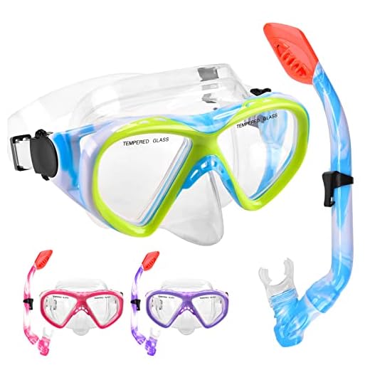 Kids Snorkel Set Dry Top Snorkeling Gear for Kids Youth Boys Girls Junior Age 5-15,Tempered Glass Swimming Diving Mask and Snorkel Set 180 Degree Panoramic View (Blue)