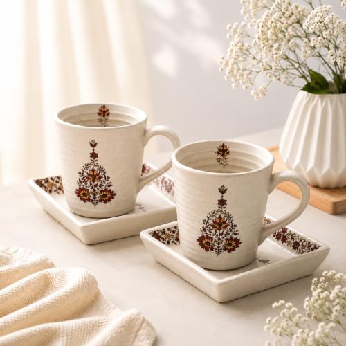 Image of Miah Decor Stoneware Coffee Mugs Set of 2 with 2 Matching Platters | Ceramic Coffee Mug Set | Tea Cups & Mugs | Food Safe, Microwave & Dishwasher Safe | Traditional Ethnic Printed Coffee Mug Gift Set