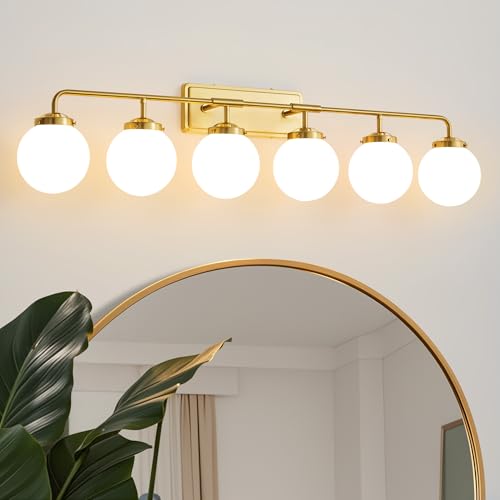 Image of Bathroom Light Fixtures 45.3in 6-Light Brushed Gold Vanity Light for Mirror | Bathroom Lighting Fixtures over Mirror, ETL, Brushed Brass Wall Sconce, Dimmable E12 Base Max 60W, Milky Glass Ball Shades
