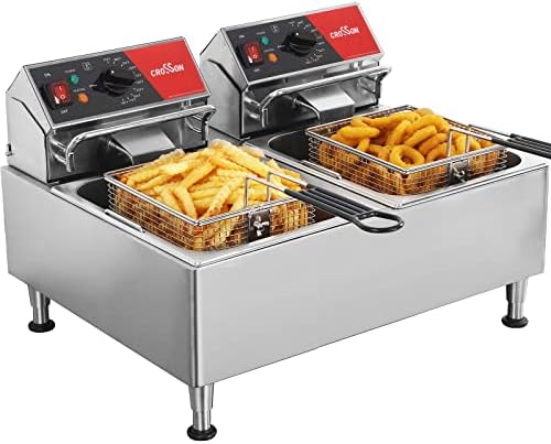 CROSSON Dual Tank 26Lbs Electric Deep Fryer ETL Listed with Solid Basket,Removable Oil Container and Height Adjustable Legs for Restaurant -120V,3600W Commercial Countertop Deep Fryer