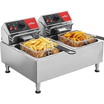 crosson Fritadeira Elétrica de Tanque Duplo de 26 Libras Listada Pela Etl com Cesta Sólida, Recipiente de Óleo Removível e Pernas Ajustáveis em Altura para Restaurante -120V, Fritadeira de Bancada Com