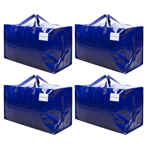 VENO Pack de 4 Bolsa Organizadora Gruesa de Gran Tamaño con Asas Fuertes y Cremalleras para Viajes, Transporte,Universitario, Mudanza, Camping, Embalaje, Esenciales para la Casa (Azul, Pack de 4)