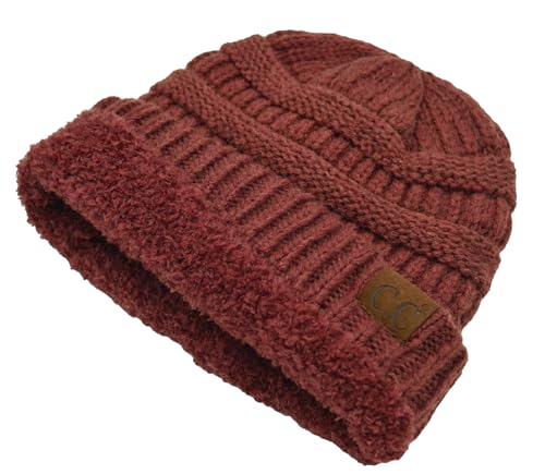 Image of C.C Unisex Chunky Soft Stretch Cable Knit Warm Fuzzy Lined Skully Beanie