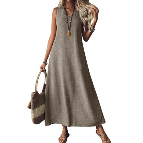Linen Summer Dresses for Women 2026 Casual Maxi Gauze Cotton Dress Warp V Neck Sleeveless Dress Beach Vacation Spring Sundress Simple Comfy Loose Shirt Dresses Modest Long Flowy Sundresses