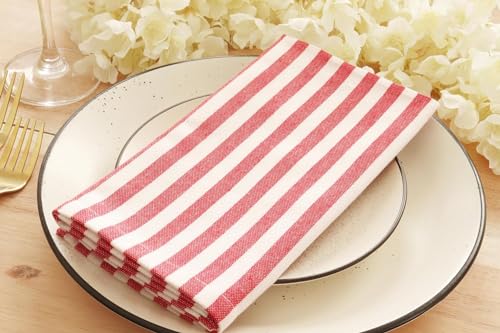 Image of Cotton Mercerised Dining Table Napkins, Set of 4, Solid Plain Colour, Heavy Weight,More Than 2 cm Mitered Hem,Washable at 40C (Red Stripe, 45 X 45 Cms)