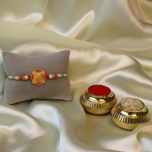 Image of Oblivion Ganpati Design Rakhi Set of 2 for Brother with Silver Colour Pooja Coin, Tilak Set and Greeting Card for Raksha Bandhan Celebration