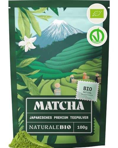 NaturaleBio Matcha Tee Pulver Bio - Premium-Qualität - 100g. Original Green Tea aus Japan. Japanischer ideal zum Trinken. Grüntee für Latte, Smoothies Getränk. Hergestellt in Uji, Kyoto.