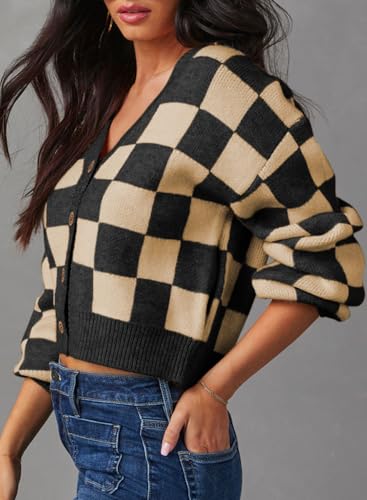 Image of Dokotoo Womens Cardigans Soft Long Sleeve Cable Knit Plaid Cropped Sweaters