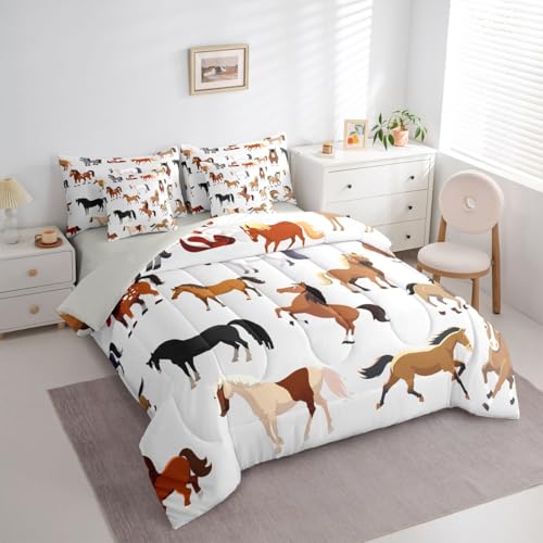Image of Erosebridal Cartoon Horse Comforter Set 7 Piece Bed in a Bag Twin | Western Bedding Sets Cowboys Wildlife Farm Animals Comforter and Sheet Set, Rustic Farmhouse Bed Sets,Plain White