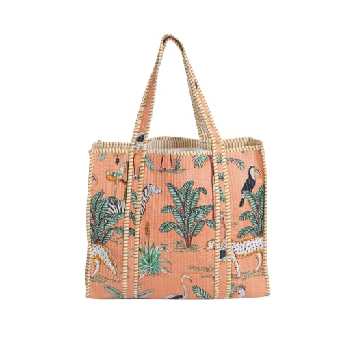Image of Cotton Tiger Block Print Tote Bag, Indian Handmade Shopping Shoulder Bag, Unisex Market Daily Use