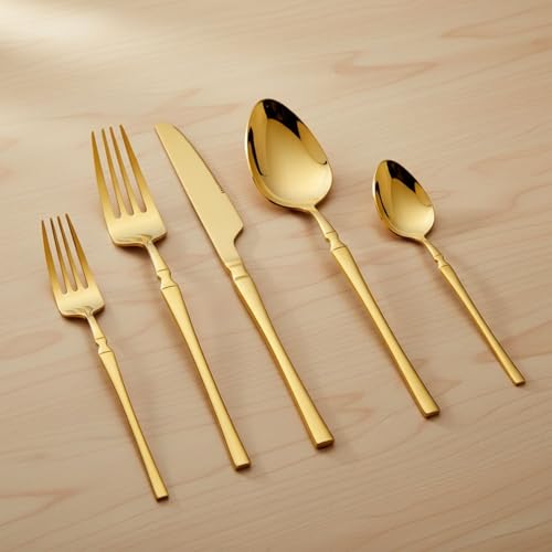 Image of 10 Pcs Gold Cutlery Set for Dining Table the Perfect Lightweight Silim Handle Tableware Including Dinner Spoon, Dinner Fork, Dinner Knife, Dessert Spoon & Dessert Fork