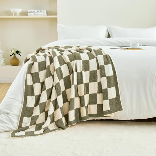 Image of CozeCube Olive Green White Reversible Checkered Knit Throw Blanket 50 inchx60 inch