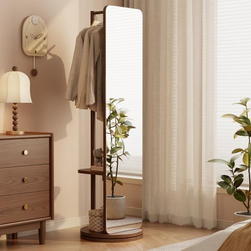 Image of WoodsWhisper Full Length Mirror Coat Rack Solid Wood Floor Mirror 66 inchx12 inch Full Length Mirror with Stand Long Mirrors for Bedroom,Living Room (Deep Walnut, 70 inch L x 16 inch W)
