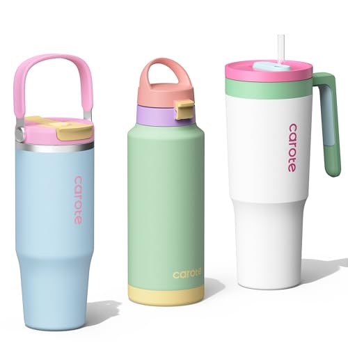 CAROTE 3-Pack Insulated Stainless Steel Water Bottles with Upgraded Leakproof Tech, Car Holder Fit & Scratch-Resistant, 32/32/40 oz Travel Straw Tumblers Set for Home/Car/Outdoor (Macaron)