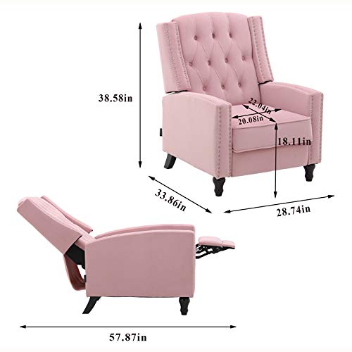 Artechworks Tufted Velvet Pushback Manual Recliner Chair For Living Room - Single Sofa Home Theater Seating- Comfortable Bedroom & Living Room Chair Reclining Sofa, Pink #TOP2