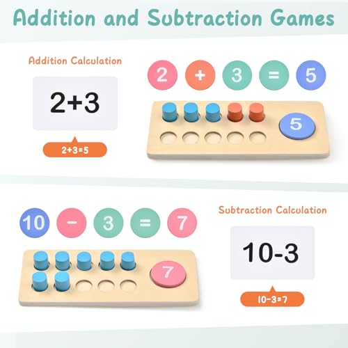 Lewo Wooden Montessori Math Manipulatives Preschool Toys, 1 to 20 Addition and Subtraction Games with Ten Frame/Number Flashcard, Educational Learning Counting Peg Board for Toddlers 3 4 5 Year Old - Image 3