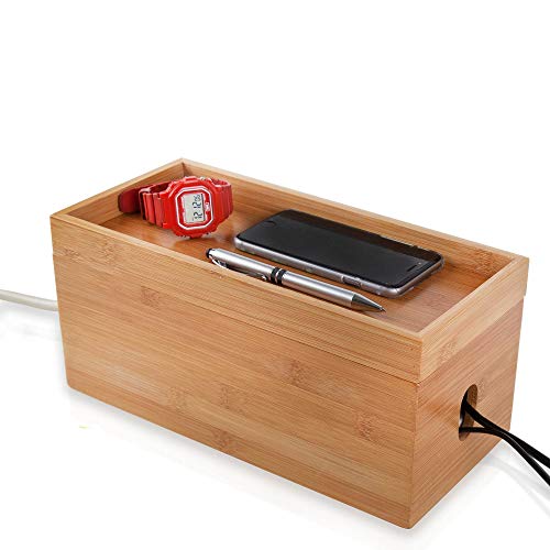 GreenSolis Bamboo Cable Management Box Organizer - Neatly Tucks Away Charging Cables, TV Cords, Power Strips and Surge Protectors - Perfect Eco-Friendly Organizing Solution For Home Office