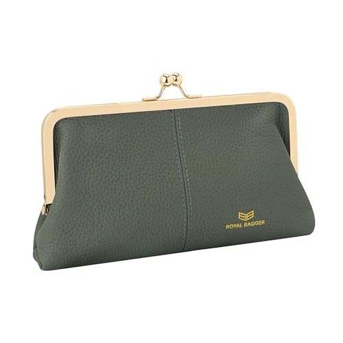 Image of Royal Bagger RFID Kiss Lock Wallet, Solid Color Multi-card Slots Card Holder, Genuine Cow Leather Clutch Purses for Women 1468 (Almond Green)