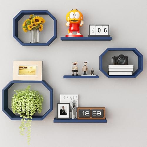 Image of Wall Mounted Floating Shelves Set of 6, Multipurpose Display, Book, Storage & Decor Shelves, Octagon Shape Wooden Wall Shelf for Living Room, Bedroom, Kitchen (Navy)