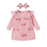 Eqenkely Conjunto Faldas para Niñas Recién Nacidas Manga Larga Rayas Top con Volantes + Vestido con Tirantes + Diadema 3Pcs Ropa Trajes AA 0-3 Meses