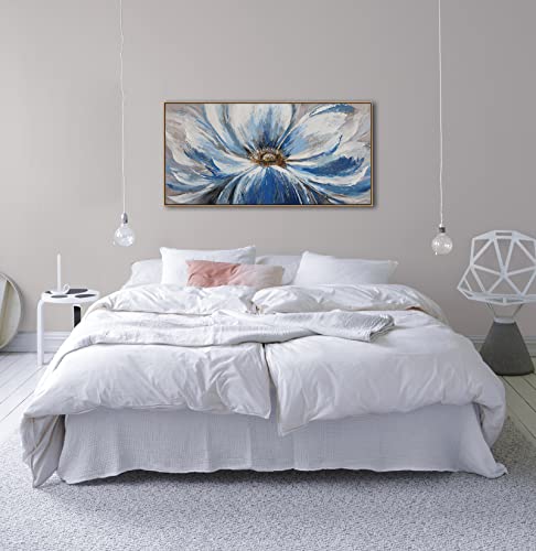 Image of Large Blue Wall Art Framed, White Flower Canvas Pictures for Living Room Bedroom, Modern Floral Nature Artwork with Solid Wood Dark Frame, Big Size 24x48 Inch, Ready to Hang