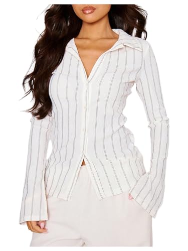 MakeMeChic Women's Work Office Striped Button Down Shirt Bell Sleeve